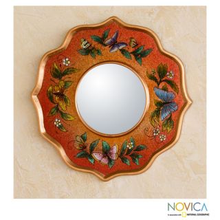 Handcrafted Reverse Painted Glass Carnelian Butterfly Mirror (Peru