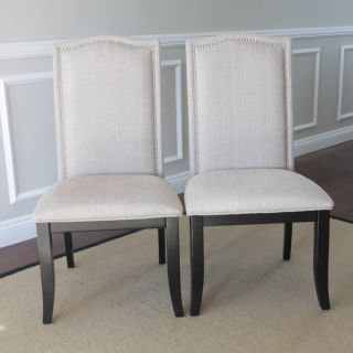 Set of 2 Beige Fabric Nailhead Upholstered Chairs  
