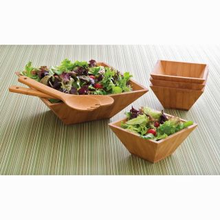 Lipper Bamboo 7 Piece Square Salad Bowl Set Pair of Servers