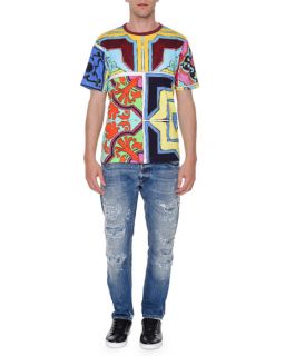 Dolce & Gabbana Leather/Nylon Patch Bomber Jacket, Short Sleeve Knit Henley Tee & Drawstring Jogger Pants
