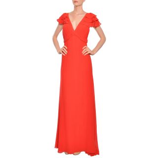 Escada Couture Red Silk Chiffon Pleated V Neck Long Evening Gown Dress