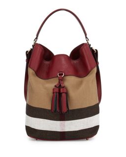 Burberry Ashby Medium Unstructured Check/Leather Bag, Burgundy