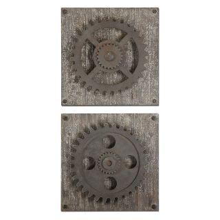 Uttermost Rustic Gears Wooden Wall Plaques   Set of 2   17W x 17H in. ea.   Wall Art