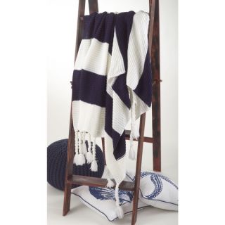 Knitted Navy Striped Throw Blanket with Chunky Tassels   16015013