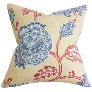Parthenia Red and Blue Floral Down Filled Throw Pillow
