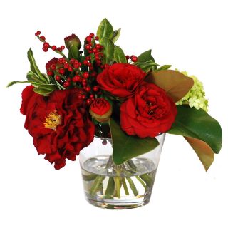 Jane Seymour Botanicals 13 in. Camelias and Holly Bouquet with Glass Vase Silk Flower Arrangement   Silk Flowers