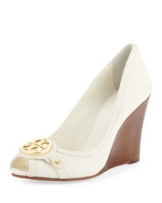 Tory Burch Leticia Peep Toe Leather Wedge, Ivory