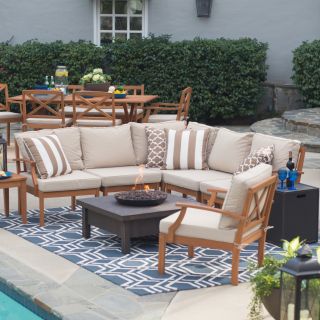Belham Living Brighton Outdoor Wood Conversation Sectional Set with Livingston Gas Fire Pit Table   Seats 6