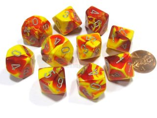 Set of 10 Chessex Gemini D10 Dice   Red Yellow with Silver Numbers