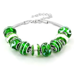 Silvertone Green, White and Black Murano Glass Bead Bracelet