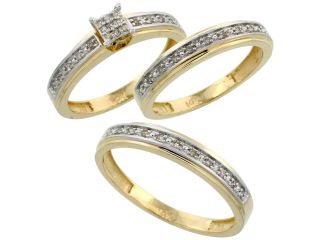 14k Gold 3 Piece Trio His (4mm) & Hers (4mm) Diamond Wedding Band Set, w/ 0.29 Carat Brilliant Cut Diamonds; (Ladies Size 5 to10; Men's Size 8 to 14)