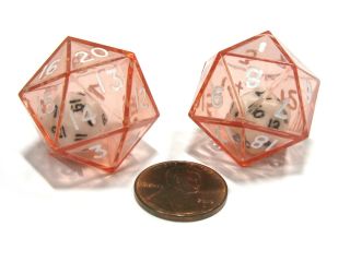 Set of 2 D20 24mm Double Dice, 2 In 1 Dice   White Inside Translucent Red Die