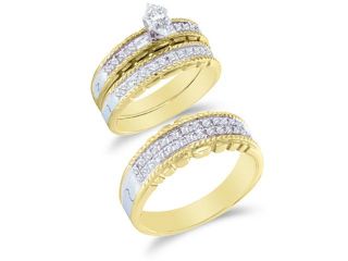 10K Two Tone Gold Diamond Trio 3 Ring His & Hers Set   Solitaire Setting w/ Channel Invisible Set Marquise & Round Diamonds   (1/2 cttw, G H, SI2)   SEE "OVERVIEW" TO CHOOSE BOTH SIZES