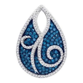 14K White Gold 1.05ct Fancy Decorated Blue Pave Diamond Fashion Raindrop Pendant