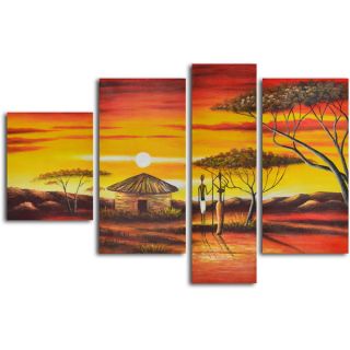 African homestead sunset 4 piece Hand Painted Oil Painting