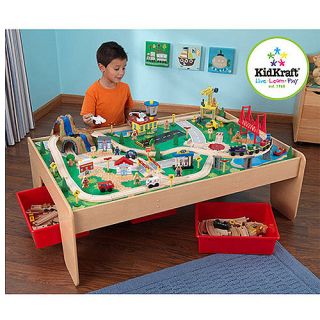 KidKraft Wooden Train Table and 120 Piece Waterfall Mountain Train Set with 3 Bins