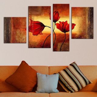 Modern Red Flowers Hand painted Oil on Canvas 4 piece Painting