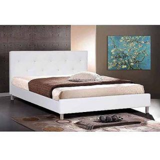 Baxton Studio Queen Modern Faux Leather Platform Bed with Crystal Button Tufting, White