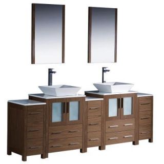Fresca Torino 84 in. Double Vanity in Walnut Brown with Glass Stone Vanity Top in White and Mirrors FVN62 72WB VSL