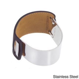 Stainless Steel and Black Leather Womens Cuff Bracelet   16160145