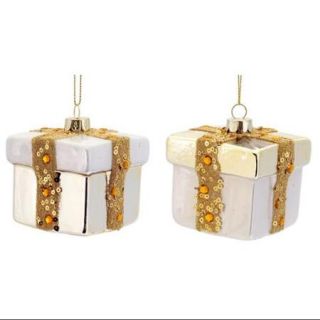 12 ct White and Soft Gold Glass Present with Ribbon Christmas Ornaments 3"H