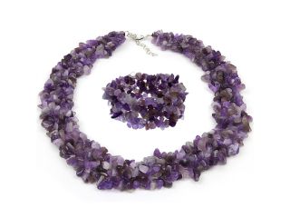 18" Multi Strands Purple Amethyst Chips Cluster Necklace and Bracelet Set