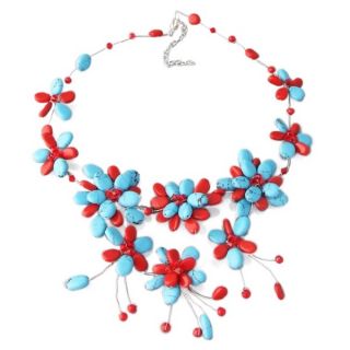 Cotton Red Coral and Turquoise Waterfall Bib Necklace (Thailand)