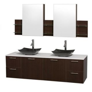 Wyndham Collection Amare 72 in. Double Vanity in Espresso with Solid Surface Vanity Top in White, Granite Sinks and Medicine Cabinet WCR410072DESWSGS4MED