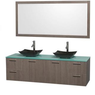 Wyndham Collection Amare 72 in. Double Vanity in Gray Oak with Glass Vanity Top in Green, Granite Sinks and 70 in. Mirror WCR410072DGOGGGS4M70