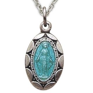 .925 Sterling Silver Blue Enameled Oval Miraculous Virgin Mary Immaculate Conception Medal Pendant comes with a 16'' chain Necklace in a deluxe velvet box