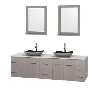 Wyndham Collection Centra 80 in. Double Vanity in Gray Oak with Solid Surface Vanity Top in White, Black Granite Sinks and 24 in. Mirror WCVW00980DGOWSGS1M24