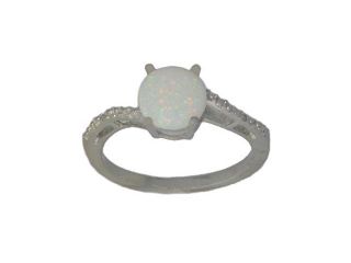 7mm Genuine Opal & Diamond Round Ring .925 Sterling Silver Rhodium Finish