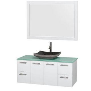 Wyndham Collection Amare 48 in. Vanity in Glossy White with Glass Vanity Top in Green, Granite Sink and 46 in. Mirror WCR410048SGWGGGS1M46