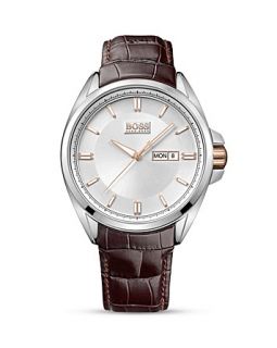 BOSS HUGO BOSS Driver Stainless Steel Case with Rose Gold Crown on Brown Leather Integrated Strap, 47mm