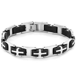 Stainless Steel and Black Rubber Goldplated Cross ID Bracelet