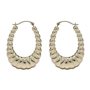 Large Scalloped Ribbed Round Hoop Earrings 10K Yellow Gold.
