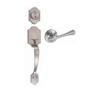 Design House Sussex Satin Nickel Handleset with Ironwood Lever Interior, Single Cylinder Deadbolt and Universal 6 Way Latch 755470