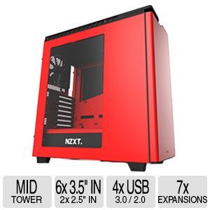 NZXT H440 Mid Tower Case with Window   M/B compatible (Mini ITX, ATX, Micro ATX, ITX), 6x 3.5In Drive Bays, 2x 2.5 Drive Bays, 4x USB 3.0, 4x fans installed, Red   CA H440W M7