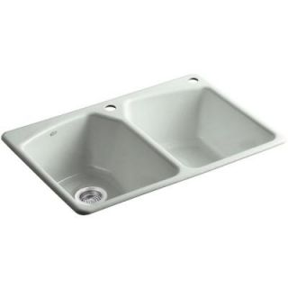 KOHLER Tanager Top Mount Cast Iron 33 in. 2 Hole Double Bowl Kitchen Sink in Sea Salt K 6491 2R FF