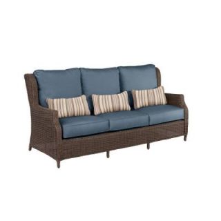 Brown Jordan Vineyard Patio Sofa with Denim Cushions and Terrace Lane Lumbar Pillows    CUSTOM M11097 S 13