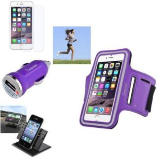 Insten Purple Gym Armband Sportband Case+LCD Film+Car Charger+Mount For iPhone 6 6S 4.7"