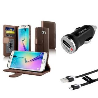 Insten Brown Stand Leather Wallet Case+Flat Micro USB Cable+Car Charger For Samsung Galaxy S6 Edge