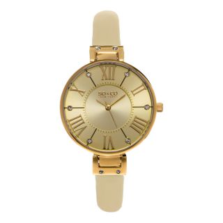 SO&CO New York Womens SoHo Quartz Champagne Leather Strap Crystal