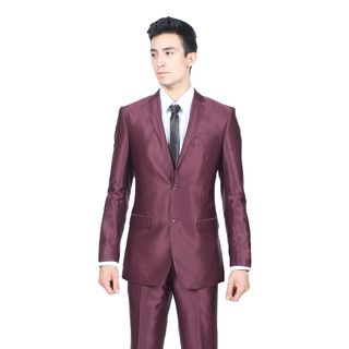 Ferrecci Mens Slim Fit Shiny Burgundy Sharkskin Suit