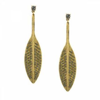 T.R.U. Matte Gold Toned Solid Drop Crystal Feather Earrings