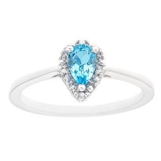 Sterling silver 6x4mm pear shaped blue topaz with diamond accent ring