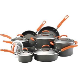 Rachael Ray Hard Anodized Nonstick 14 Piece Cookware Set, Gray with Orange Handles