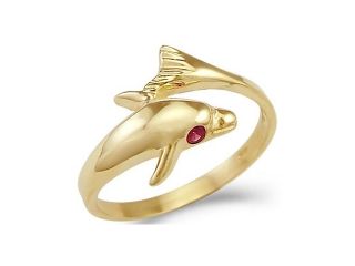 New Solid 14k Yellow Gold Dolphin Ruby Eye Ladies Ring