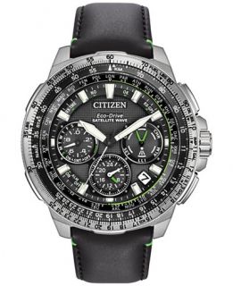 Citizen Mens Chronograph Eco Drive Black Leather Strap Watch 47mm