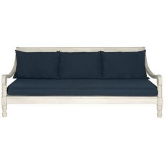 Safavieh Pasadena Antique White Patio Bench with Navy Cushions PAT6724D